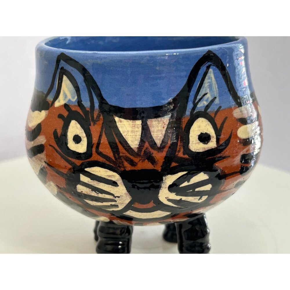 Handmade Pottery Cat Mug Sculpted Legs & Handle Blue Brown Black Whimsical Fun - Picture 9 of 9